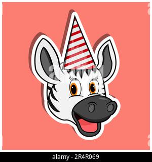 Autocollant à motif visage animal avec chapeau de fête à motif zèbre. Design de caractère. Vecteur et illustration Illustration de Vecteur