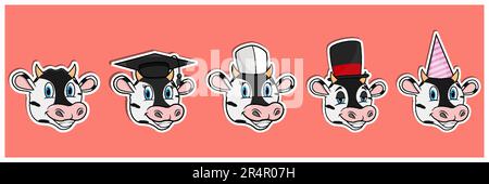 Ensemble d'autocollants tête pour animaux de vache. Diplôme, chef, Magicien et chapeau de fête. Idéal pour les autocollants, le logo, la carte de vœux et l'invitation. Vecteur et illustrati Illustration de Vecteur