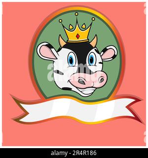 Jolie tête d'animal avec couronne sur l'étiquette de cadre. Tête de vache. Idéal pour le dessin animé, le logo, les icônes et les personnages. Vecteur et illustration. Illustration de Vecteur