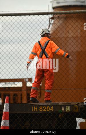 WELLINGTON, NOUVELLE-ZÉLANDE, 19 MAI 2023 : un wharfie inconnu dirige une grue déchargeant des voies ferrées du navire de fret général danois Maasgracht au port de Wellington Banque D'Images