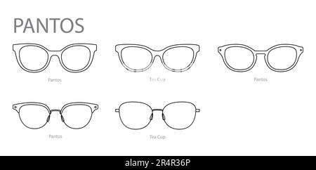 Ensemble de lunettes Pantos cadre accessoire de mode illustration. Lunettes de soleil vue de face pour hommes, femmes, unisexe style silhouette, rebord plat lunettes de vue avec contour de style d'esquisse de lentille isolé sur blanc Illustration de Vecteur