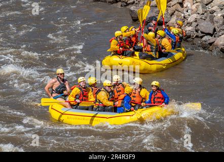 Véritable photographie d'aventure de personnes prenant sur les eaux rugueuses de la rivière Arkansas au printemps 2023 après beaucoup de pluie et de fonte de neige faite pour certains Banque D'Images