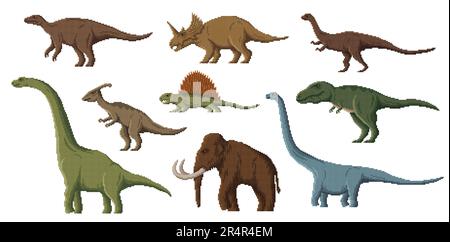 Pixels de dinosaures. jeu d'arcade 8 bits assert, pixel art dino animaux. Parasaurolophus, Brachiosaurus, Iguanodon et Centrosaurus, Dimetrodon, dinosaure à vecteur de pixel de plateforme, ancien reptile Illustration de Vecteur