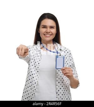 Bonne femme avec badge vip Pass sur fond blanc Banque D'Images