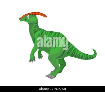 Personnage de dinosaure de dessin animé Parasaurolophus. Paléontologie animale éteinte, mascotte puérile de lézard préhistorique. Reptile de l'ère mésozoïque ou dinosaure herbivore avec crête de tête vecteur isolé mignon personnage Illustration de Vecteur