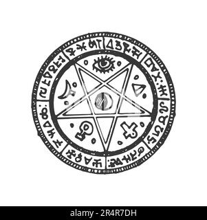 Signe du maçon ésotérique occulte, talisman magique avec étoile, amulette de l'occultisme mystique. Vecteur masonique ou alchimie magique, cercle magique pentagramme Illustration de Vecteur