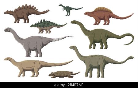 Pixels de dinosaures. jeu d'art 8 bits de pixels dino animaux. Eoraptor, Henodus, Lotosaurus et Melanorosaurus, Shunosaurus, Haplocanthosaurus dinosaure vecteur jurassique, ensemble de reptiles paléontologiques Illustration de Vecteur