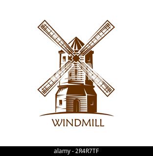 Icône du moulin à vent, symbole d'esquisse. Bakehouse, ferme de blé et d'orge ou agence de voyage dessin à la main vecteur signe de village ancienne usine. Un magasin d'alimentation ou un marché de produits alimentaires est gravé avec un moulin à vent ancien Illustration de Vecteur