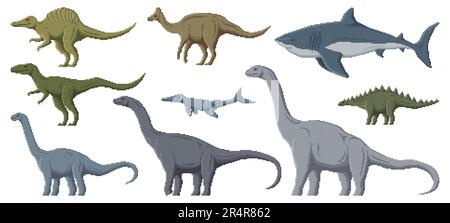 Pixels de dinosaures. jeu d'art 8 bits de pixels dino animaux. Kotasaurus, Lomovisaurus, Aragosaurus et Neovenator, Amurosaurus, Aegyptosaurus Terre jurassique et dinosaures vecteurs de pixels sous-marins Illustration de Vecteur