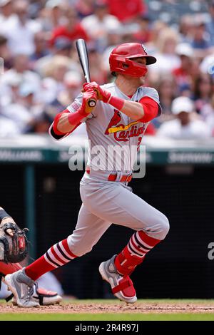 CLEVELAND, OH - MAI 28 : Lars Nootbaar (21 ans), membre du centre Louis Cardinals, battes contre les Gardiens de Cleveland lors d'un match le 28 mai 2023 au progressive Field de Cleveland. (Joe Robbins/image du sport) Banque D'Images