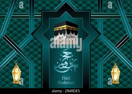 Labbayk Allaohumma labbayk, mois de Zilhajj, Calligraphie arabe de Hajj Mabroor et image de Kaaba avec illustration graphique Illustration de Vecteur