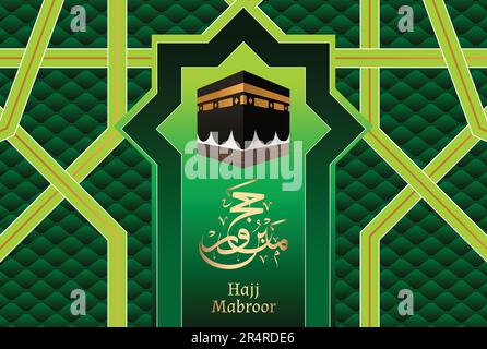 Labbayk Allaohumma labbayk, mois de Zilhajj, Calligraphie arabe de Hajj Mabroor et image de Kaaba avec illustration graphique Illustration de Vecteur