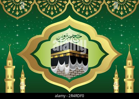 Labbayk Allaohumma labbayk, mois de Zilhajj, Calligraphie arabe de Hajj Mabroor et image de Kaaba avec illustration graphique Illustration de Vecteur