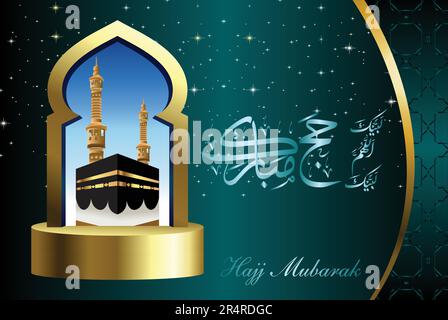 Labbayk Allaohumma labbayk, mois de Zilhajj, Calligraphie arabe de Hajj Mubarak et image de Kaaba avec illustration graphique Illustration de Vecteur