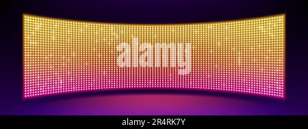 Ecran LED concave réaliste sur mur ou scène. Illustration vectorielle d'un grand écran de télévision avec des lumières jaune fluo et rose sur fond noir. Tableau de scores numérique avec lampes à diodes pour le stade Illustration de Vecteur