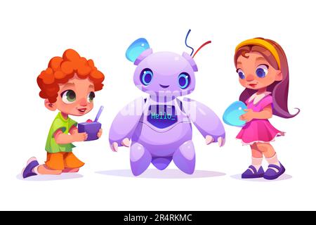 Robot de réparation Smart garçon et fille isolé sur fond blanc. Illustration vectorielle représentant de jolis enfants jouant avec un ours en peluche à télécommande, en découvrant l'ingénierie technologique moderne à l'école Illustration de Vecteur