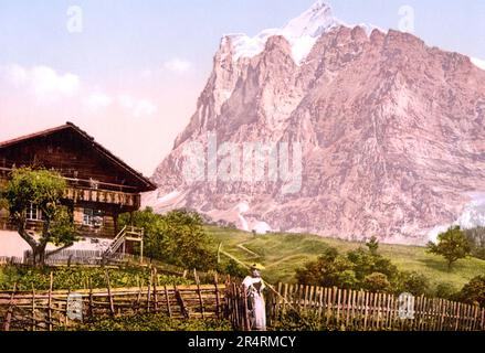 Wetterhorn et chalet, Alpes bernoises, Berne, Suisse 1890. Banque D'Images