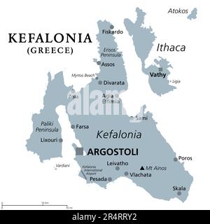 Kefalonia, île grecque, carte politique grise. Également connu sous le nom de Céphalonie, Kefallinia ou Kephallenia. La plus grande île Ionienne, située dans l'ouest de la Grèce. Banque D'Images