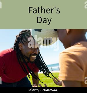 Composition du texte de l'époque du père sur l'homme afro-américain avec son fils jouant au football Banque D'Images