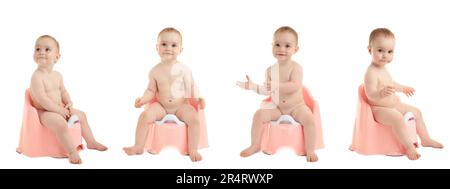Bébé souriant sur un pot isolé sur fond blanc. Ensemble de foto. Vue de dessus Banque D'Images