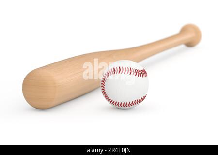 Balle de baseball blanche et Bat en bois sur fond blanc. 3D rendu Banque D'Images