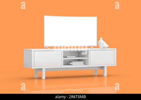 Smart TV LCD ou LED blanc moderne maquette au-dessus du support de console blanc en argile sur fond jaune. 3D rendu Banque D'Images