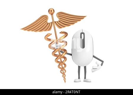 Mascotte de personnage de personnage de cartoon de souris d'ordinateur avec symbole de caduceus Golden Medical sur fond blanc. 3D rendu Banque D'Images