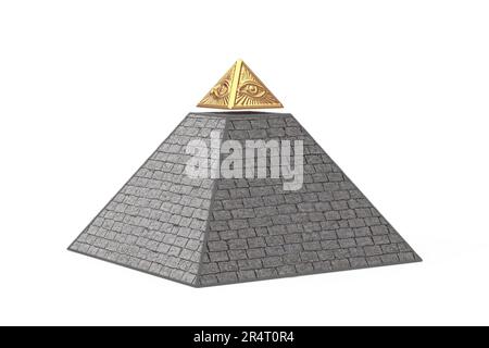 Pyramide de pierre avec Golden Top symbole maçonnique tous voyant Eye Pyramid Triangle sur un fond blanc. 3D rendu Banque D'Images