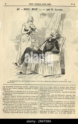 Page de papier comique français vintage, dessin animé, femme nettoyant pour lui les bottes d'un homme 1890s, 19th siècle Banque D'Images