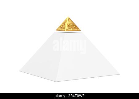 Pyramide blanche avec Golden Top symbole maçonnique tous voyant le triangle de pyramide des yeux sur un fond blanc. 3D rendu Banque D'Images