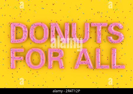 Donuts for All sale slogan signe en forme de Big Strawberry Rose vitrifié Donuts avec Sprinkles sur fond jaune. 3D rendu Banque D'Images