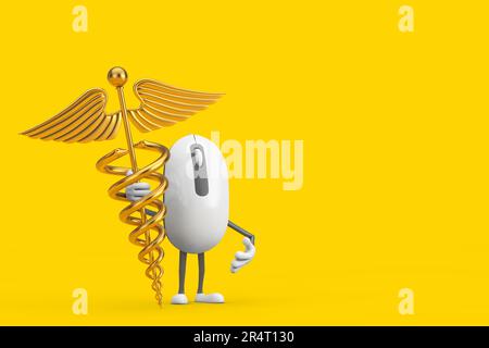 Mascotte de personnage de personnage de cartoon de souris d'ordinateur avec le symbole du Caduceus Golden Medical sur fond jaune. 3D rendu Banque D'Images