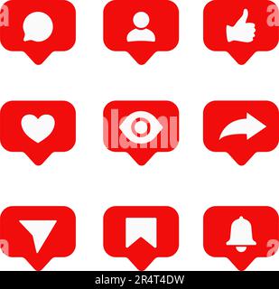 Ensemble d'icônes de notification des médias sociaux. Commentaire, utilisateur, comme, pouce vers le haut, coeur, vues, republier, partager, enregistrer, notification, ami, envoyer un message Illustration de Vecteur