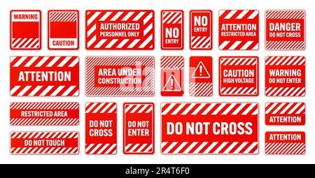 Divers panneaux d'avertissement blancs et rouges avec lignes diagonales. Panneau attention, danger ou attention, signalisation du chantier. Panneau de signalisation réaliste Illustration de Vecteur