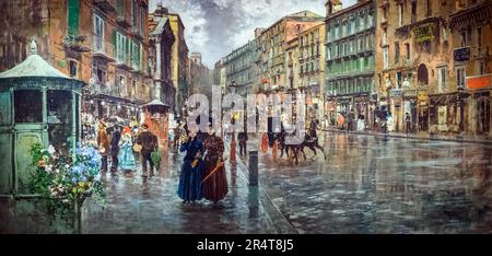 Naples, via Toledo. Impressione di pioggia (Naples, via Toledo. Impression de pluie), vers 1888 par Carlo Brancaccio (Napoli, 1861 - 1920). Huile sur toile Banque D'Images