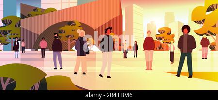 groupe de personnes multiethniques marchant en plein air mix race hommes femmes citoyens foule le long de la rue de la ville Illustration de Vecteur