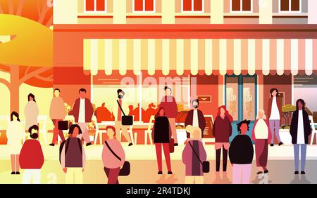 groupe de personnes multiethniques marchant en plein air mix race hommes femmes citoyens foule le long de la rue de la ville Illustration de Vecteur