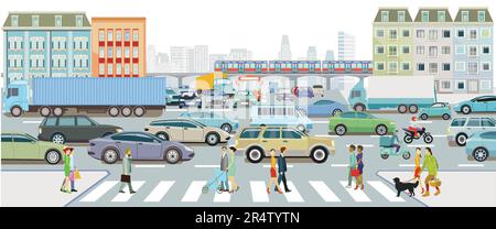 Silhouette urbaine d'une ville avec circulation et piétons, illustration Illustration de Vecteur