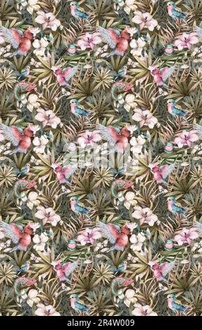 Oiseaux tropicaux, perroquets et lézards aquarelle sans couture. Plantes tropicales, motifs naturels de savane Banque D'Images