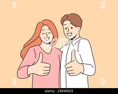 Un couple souriant qui se fait des pouces donne des recommandations pour un service de bonne qualité. Un homme et une femme heureux recommandent la compagnie aux clients. Illustration vectorielle. Illustration de Vecteur