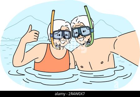 Couple de personnes âgées souriantes dans des masques de plongée en apnée plongée dans le lac montrant le pouce vers le haut. Un vieil homme et une femme heureux recommandent la plongée en mer. Maturité active. Illustration vectorielle. Illustration de Vecteur