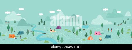Joli dessin vectoriel sans couture dessiné à la main avec des dessins de camping, des tentes, des paysages et des sentiers, idéal pour les textiles, les bannières, fonds d'écran Illustration de Vecteur