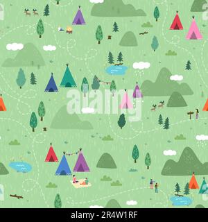Joli dessin vectoriel sans couture dessiné à la main avec des dessins de camping, des tentes, des paysages et des sentiers, idéal pour les textiles, les bannières, fonds d'écran Illustration de Vecteur