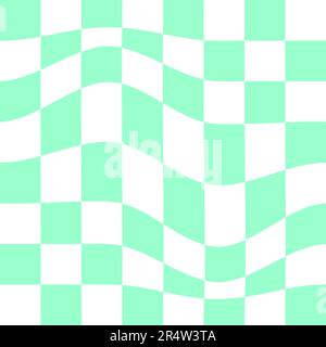 Texture de l'échiquier déformée. Illusion optique à carreaux. Motif psychédélique étourdi avec carrés verts et blancs déformés. Trippy damier Illustration de Vecteur