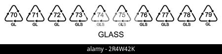 Lot d'icônes réutilisables en verre. Codes de recyclage de formes triangulaires avec flèches de chasse isolées sur fond blanc. Concept de protection de l'environnement Illustration de Vecteur