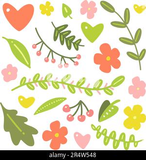 Une collection d'éléments naturels mignons. Dessin animé fleurs dessinées à la main, coeurs, baies et feuilles. Illustration vectorielle pour l'imprimé T-shirt, affiche Illustration de Vecteur