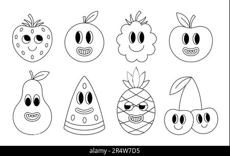 Collection de fruits groovy drôles en ligne. Faces de caractères de dessin animé à contour simple. Illustration vectorielle Illustration de Vecteur