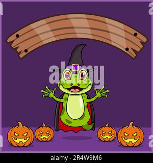 Mignon grenouille animal portant Vampire Halloween Custome, avec espace vierge bannière, citrouilles et position de vol. Vecteur et illustration. Illustration de Vecteur