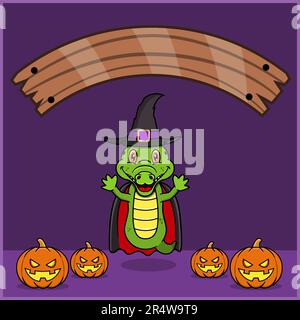 Custome d'Halloween à motif animal de crocodile mignon, avec bannière d'espace vierge, citrouilles et position de vol. Vecteur et illustration. Illustration de Vecteur