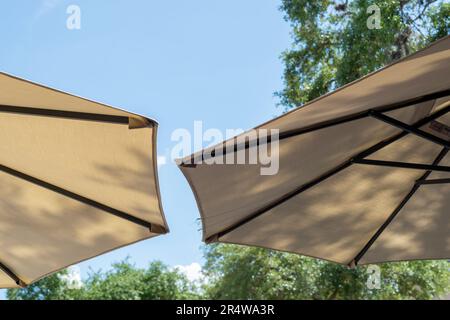 Plusieurs grands parasols de patio en nylon d'été de couleur beige et jaune, ouverts avec des supports en bois marron. Le soleil brille à travers le tissu. Banque D'Images